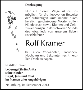 Traueranzeige von Rolf Kramer von Mitteldeutsche Zeitung Naumburg/Nebra