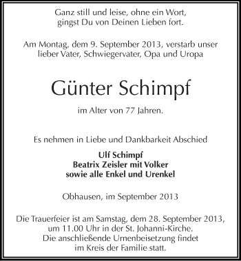 Traueranzeige von Günter Schimpf von Mitteldeutsche Zeitung Merseburg/Querfurt