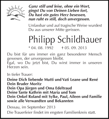 Traueranzeige von Philipp Schildhauer von Mitteldeutsche Zeitung Dessau-Roßlau
