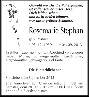 Traueranzeige von Rosemarie Stephan von Mitteldeutsche Zeitung Mansfelder Land
