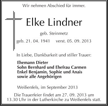 Traueranzeige von Elke Lindner von Mitteldeutsche Zeitung Weißenfels