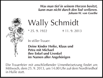 Traueranzeige von Wally Schmidt von Mitteldeutsche Zeitung Halle/Saalkreis