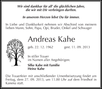 Traueranzeige von Andreas Kahe von Mitteldeutsche Zeitung Halle/Saalkreis