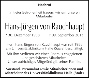 Traueranzeige von Hans-Jürgen von Rauchhaupt von Mitteldeutsche Zeitung Halle/Saalkreis