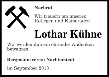Traueranzeige von Lothar Kühne von Mitteldeutsche Zeitung Aschersleben