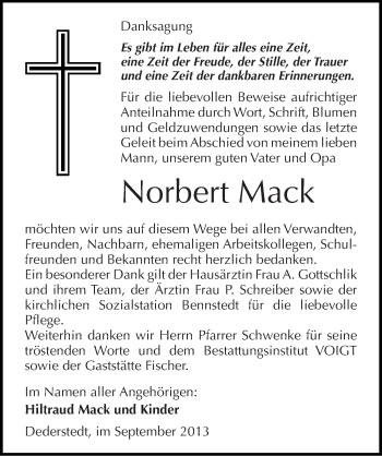 Traueranzeige von Norbert Mack von Mitteldeutsche Zeitung Mansfelder Land