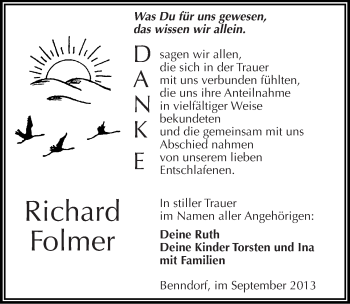 Traueranzeige von Richard Folmer von Mitteldeutsche Zeitung Mansfelder Land