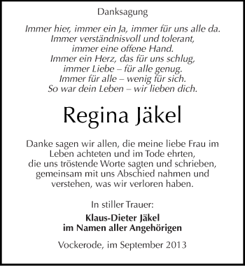 Traueranzeige von Regina Jäkel von Mitteldeutsche Zeitung