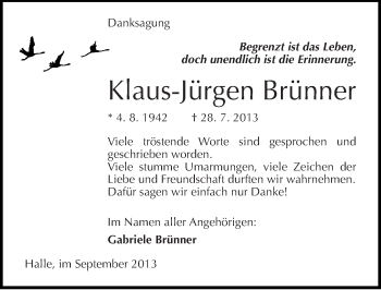 Traueranzeige von Klaus-Jürgen Brünner von Mitteldeutsche Zeitung Halle/Saalkreis