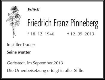 Traueranzeige von Friedrich Franz Pinneberg von Mitteldeutsche Zeitung Mansfelder Land