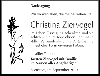 Traueranzeige von Christina Ziervogel von Mitteldeutsche Zeitung Mansfelder Land