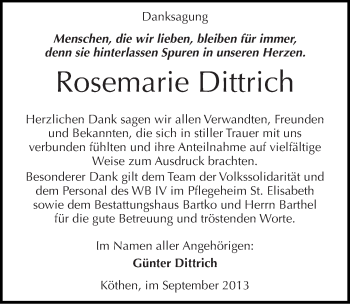 Traueranzeige von Rosemarie Dittrich von Mitteldeutsche Zeitung Köthen