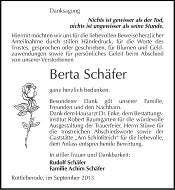 Traueranzeige von Berta Schäfer von Mitteldeutsche Zeitung Sangerhausen
