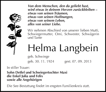 Traueranzeige von Helma Langbein von Mitteldeutsche Zeitung Halle/Saalkreis