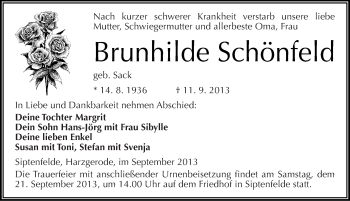 Traueranzeige von Brunhilde Schönfeld von Mitteldeutsche Zeitung Quedlinburg