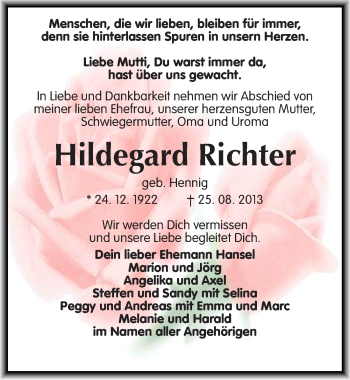 Traueranzeige von Hildegard Richter von Mitteldeutsche Zeitung Halle/Saalkreis