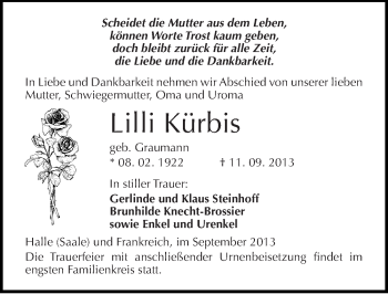 Traueranzeige von Lilli Kürbis von Mitteldeutsche Zeitung Mansfelder Land