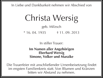Traueranzeige von Christa Wersig von Mitteldeutsche Zeitung Halle/Saalkreis