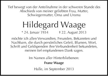 Traueranzeige von Hildegard Waage von Mitteldeutsche Zeitung Halle/Saalkreis