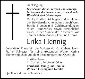 Traueranzeige von Erika Hennig von Mitteldeutsche Zeitung Köthen