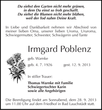 Traueranzeige von Irmgard Poblenz von Mitteldeutsche Zeitung Merseburg/Querfurt
