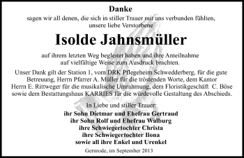 Traueranzeige von Isolde Jahnsmüller von Mitteldeutsche Zeitung Quedlinburg
