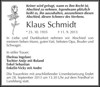 Traueranzeige von Klaus Schmidt von Mitteldeutsche Zeitung Halle/Saalkreis