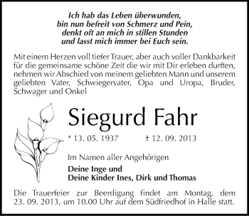 Traueranzeige von Siegurd Fahr von Mitteldeutsche Zeitung Halle/Saalkreis