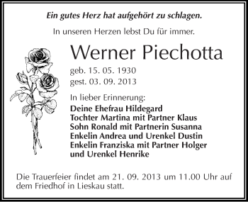 Traueranzeige von Werner Piechotta von Mitteldeutsche Zeitung Halle/Saalkreis