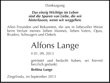 Traueranzeige von Alfons Lange von Mitteldeutsche Zeitung Merseburg/Querfurt