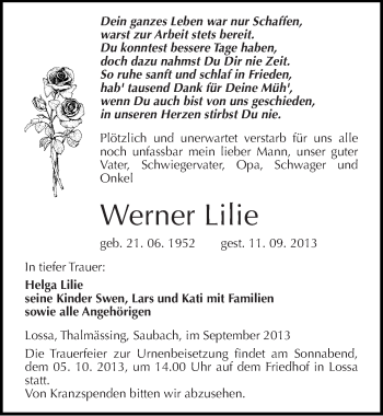 Traueranzeige von Werner Lilie von Mitteldeutsche Zeitung Naumburg/Nebra