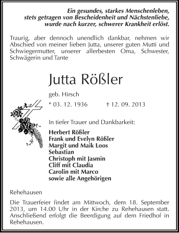 Traueranzeige von Jutta Rößler von Mitteldeutsche Zeitung Naumburg/Nebra