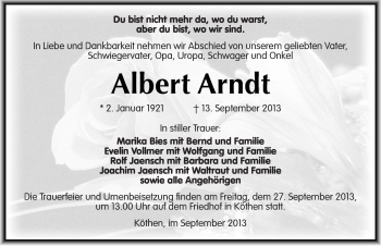 Traueranzeige von Albert Arndt von Mitteldeutsche Zeitung Köthen