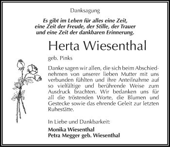 Traueranzeige von Herta Wiesenthal von Mitteldeutsche Zeitung Naumburg/Nebra