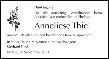 Traueranzeige von Anneliese Thiel von Mitteldeutsche Zeitung Halle/Saalkreis