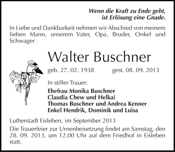 Traueranzeige von Walter Buschner von Mitteldeutsche Zeitung Mansfelder Land