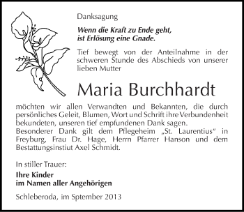Traueranzeige von Maria Burchhardt von Mitteldeutsche Zeitung Naumburg/Nebra
