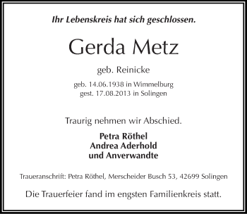 Traueranzeige von Gerda Metz von Mitteldeutsche Zeitung Aschersleben