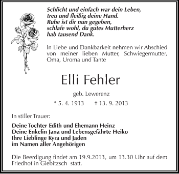Traueranzeige von Elli Fehler von Mitteldeutsche Zeitung Bitterfeld