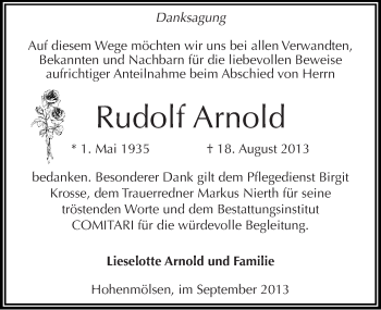 Traueranzeige von Rudolf Arnold von Mitteldeutsche Zeitung Weißenfels
