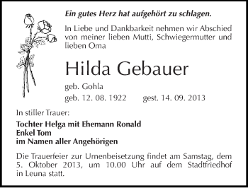 Traueranzeige von Hilda Gebauer von Mitteldeutsche Zeitung Merseburg/Querfurt