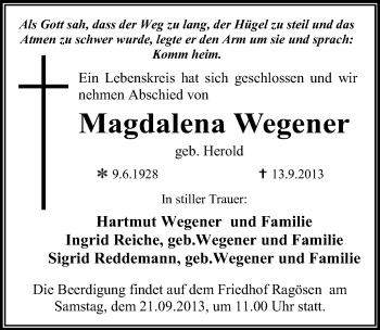 Traueranzeige von Magdalena Wegener von Mitteldeutsche Zeitung