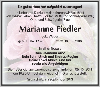Traueranzeige von Marianne Fiedler von Mitteldeutsche Zeitung Weißenfels