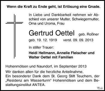 Traueranzeige von Gertrud Oettel von Mitteldeutsche Zeitung Weißenfels
