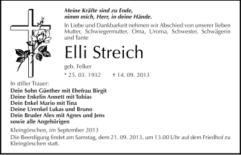 Traueranzeige von Elli Streich von Mitteldeutsche Zeitung Weißenfels