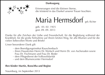 Traueranzeige von Maria Hermsdorf von Mitteldeutsche Zeitung Naumburg/Nebra