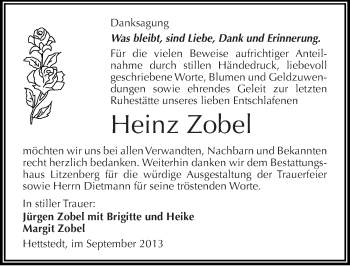 Traueranzeige von Heinz Zobel von Mitteldeutsche Zeitung Mansfelder Land