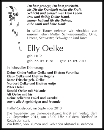 Traueranzeige von Elly Oelke von Mitteldeutsche Zeitung Mansfelder Land