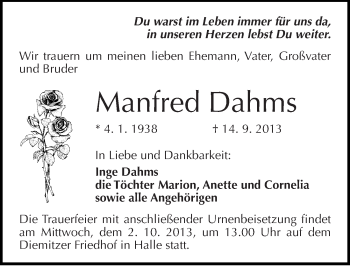 Traueranzeige von Manfred Dahms von Mitteldeutsche Zeitung Halle/Saalkreis