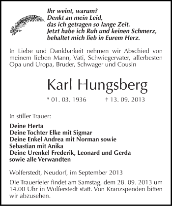 Traueranzeige von Karl Hungsberg von Mitteldeutsche Zeitung Sangerhausen